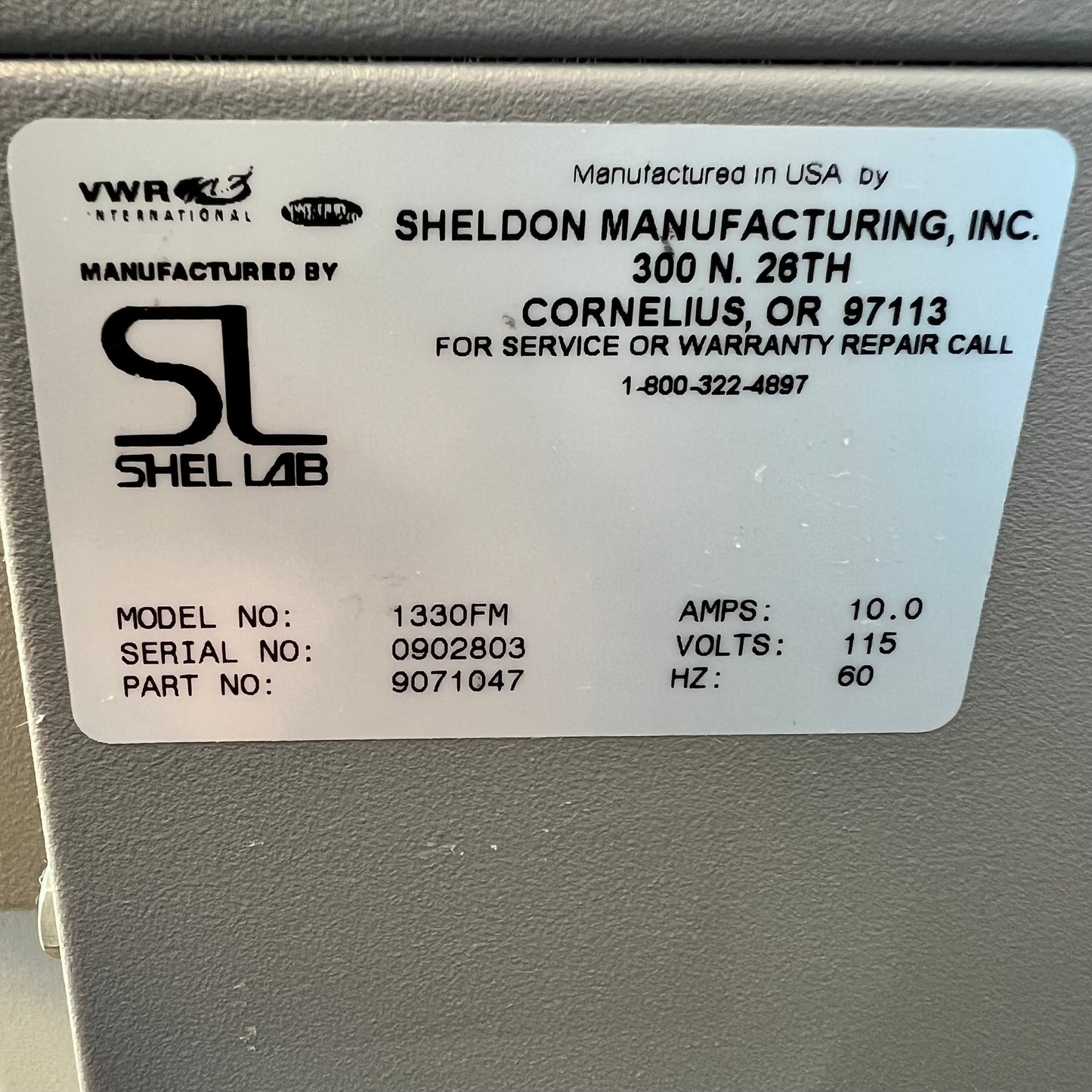 VWR / Sheldon Manufacturing Shel Lab 1330FM Forced Air Safety Oven, PN: 9071047